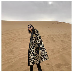 Long Leopard Print Warm Fluffy Faux Fur Trench Coat