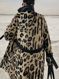 Long Leopard Print Warm Fluffy Faux Fur Trench Coat