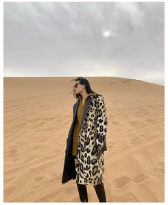 Long Leopard Print Warm Fluffy Faux Fur Trench Coat