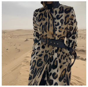 Long Leopard Print Warm Fluffy Faux Fur Trench Coat