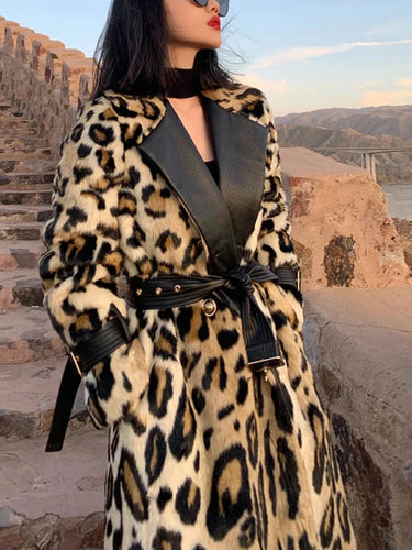 Long Leopard Print Warm Fluffy Faux Fur Trench Coat