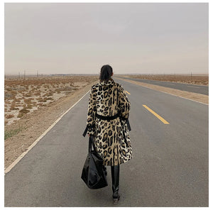 Long Leopard Print Warm Fluffy Faux Fur Trench Coat