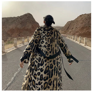 Long Leopard Print Warm Fluffy Faux Fur Trench Coat