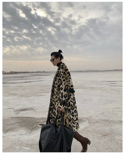 Long Leopard Print Warm Fluffy Faux Fur Trench Coat