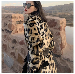 Long Leopard Print Warm Fluffy Faux Fur Trench Coat