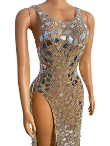 Sparkly Mirror Rhinestones Mesh Transparent  Dress