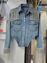 Load image into Gallery viewer, High Quality Luxury Chain Tassel Drop Diamond Denim Jacket