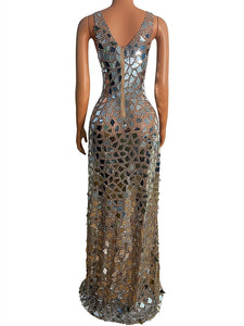 Sparkly Mirror Rhinestones Mesh Transparent  Dress