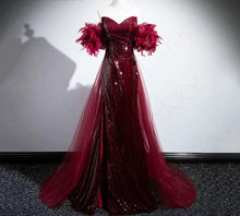 Load image into Gallery viewer, Burgundy Mermaid Sequins Evening Dress