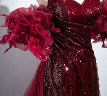 Load image into Gallery viewer, Burgundy Mermaid Sequins Evening Dress