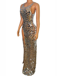 Sparkly Mirror Rhinestones Mesh Transparent  Dress