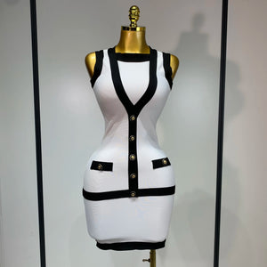 Sexy Backless Black White Button Mini Bandage Short Dress