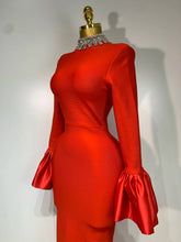 Load image into Gallery viewer, Sparkly Diamonds Neck Flare Sleeve Red Long Bandage Dress