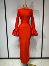 Load image into Gallery viewer, Sparkly Diamonds Neck Flare Sleeve Red Long Bandage Dress