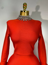 Load image into Gallery viewer, Sparkly Diamonds Neck Flare Sleeve Red Long Bandage Dress