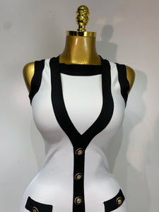 Sexy Backless Black White Button Mini Bandage Short Dress