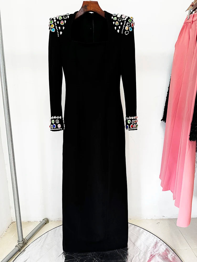 Long Sleeve Colors Diamonds Rhinestone Beaded Long Maxi Dress