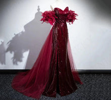 Load image into Gallery viewer, Burgundy Mermaid Sequins Evening Dress