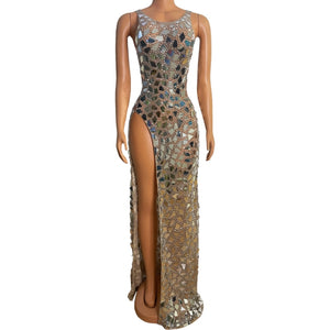 Sparkly Mirror Rhinestones Mesh Transparent  Dress