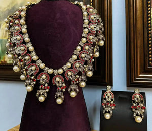 Luxury Large Glass Pearl Rhinestone Vintage Necklace Earrings