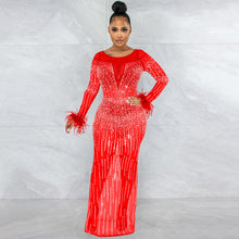 Load image into Gallery viewer, Hot Drill Mesh See Though Feather Long Sleeve Mermaid Maxi Dress