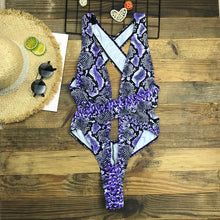 Load image into Gallery viewer, Cross Bandage Monokini Snake print One piece swimsuit
