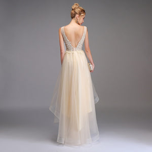 Sexy V-neck Backless Champagne Lace Appliques Asymmetrical