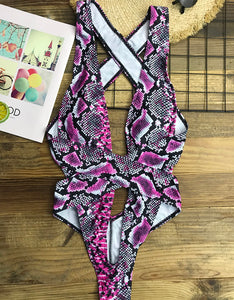 Cross Bandage Monokini Snake print One piece swimsuit