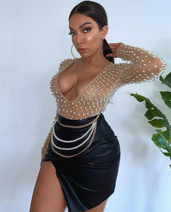 Sexy Fashion V Neck Beading Mesh Bodysuit