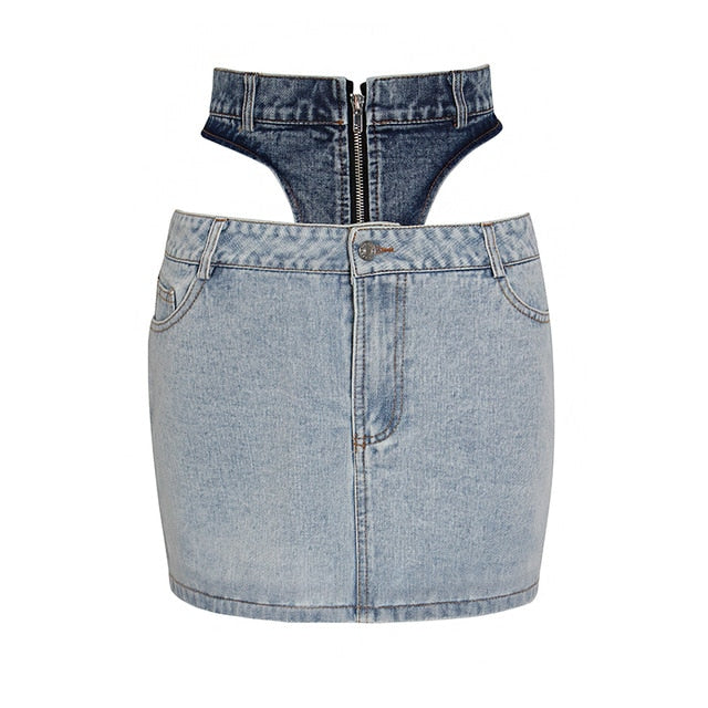 Elegant Patchwork Denim  Skirt High Waist