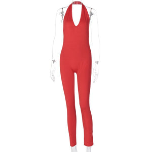 Solid Bodycon Halter Long Jumpsuits