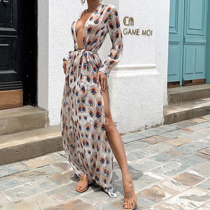 Sexy Deep V Neck Peacock Print Beach Dress