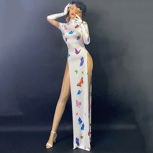 Butterfly Pattern Elastic Slit Long Dress