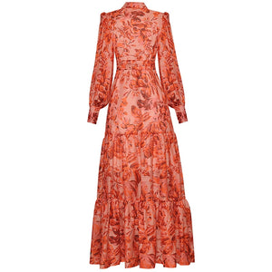 Vintage Elegant Lapel Long Sleeve Button Printing Party Dress