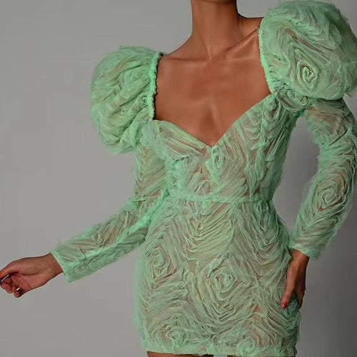 Green floral puff sleeve bodycon dress