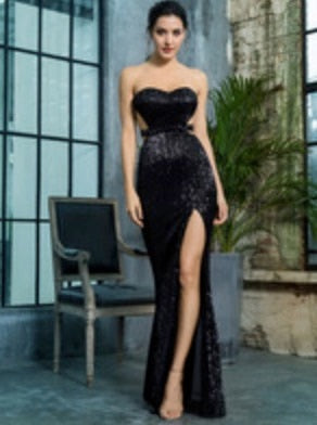 Black Bra Open Back Back Pleated Sequins Slim Dress Party – Mineli's Closet