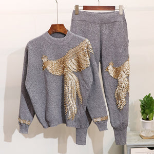 Winter Handmade Beading Sequined Pattern  Long Sleeve Knitted