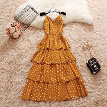 Load image into Gallery viewer, summer new spaghetti strap dot V-neck layer ruffles waist chiffon