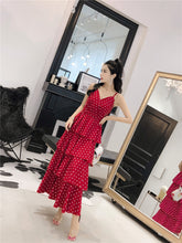 Load image into Gallery viewer, summer new spaghetti strap dot V-neck layer ruffles waist chiffon