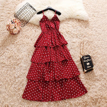 Load image into Gallery viewer, summer new spaghetti strap dot V-neck layer ruffles waist chiffon