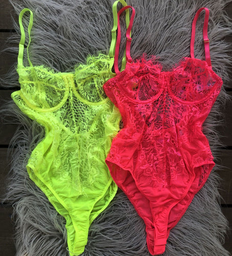 New Neon Colors Fashion Eyelashes Lace Bodysuit